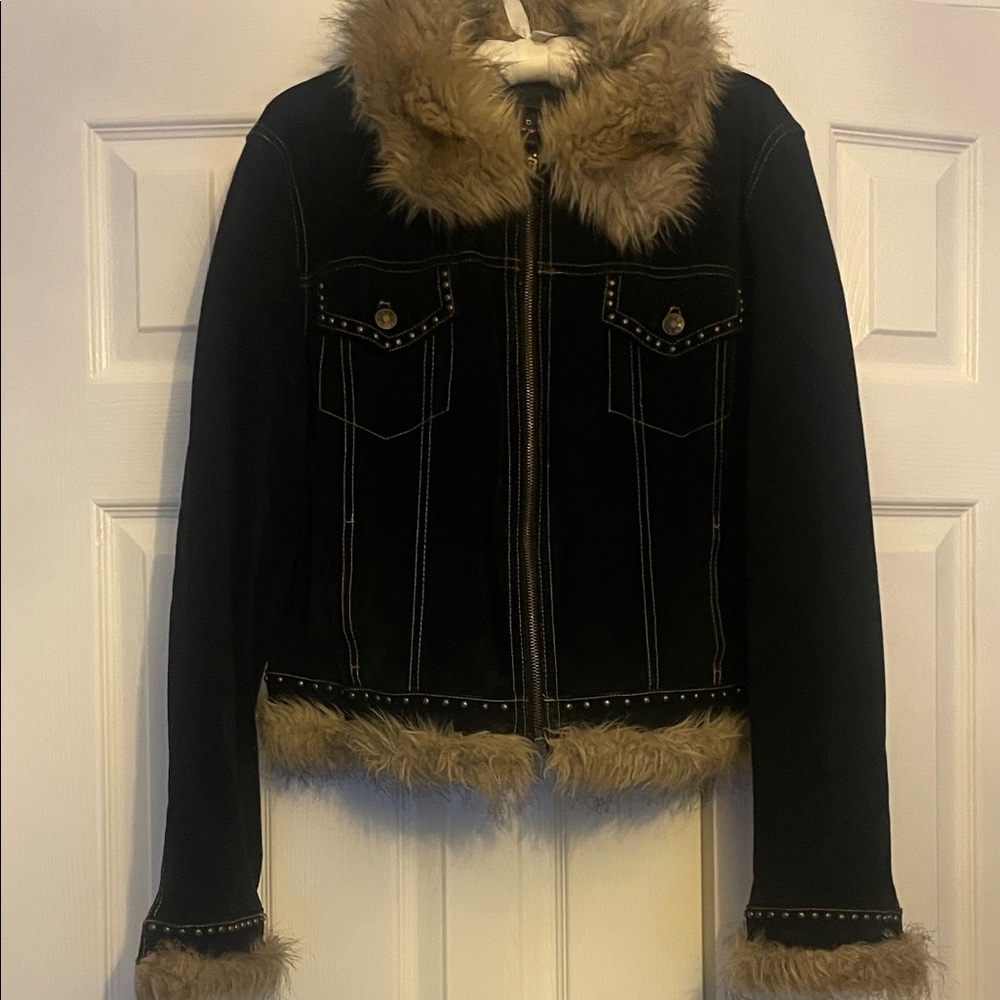 Giacca Vintage Black Suede Jacket with Faux Fur & Stud Accents L